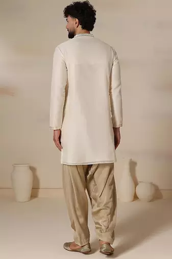 Gota embellished pure cotton silk mens cream color kurta set