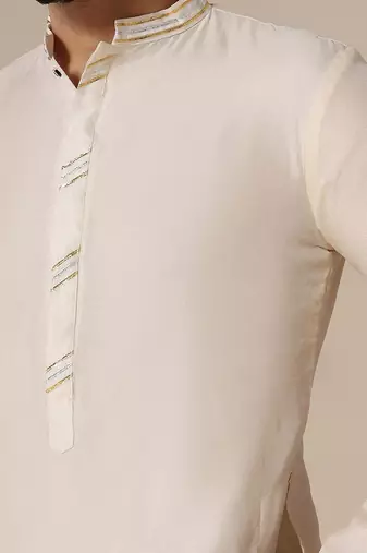 Gota embellished pure cotton silk mens cream color kurta set