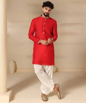 Gota embellished pure cotton silk mens red kurta set 1