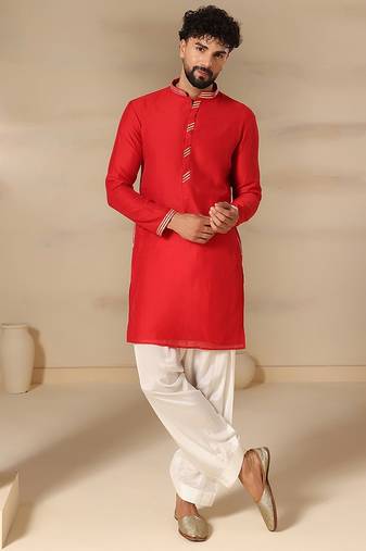 Gota embellished pure cotton silk mens red kurta set