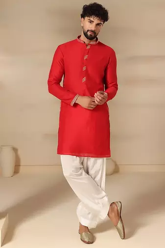 Gota embellished pure cotton silk mens red kurta set