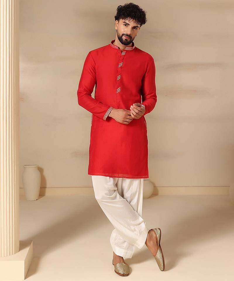 Gota embellished pure cotton silk mens red kurta set