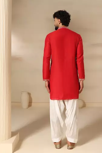 Gota embellished pure cotton silk mens red kurta set