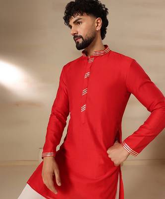Gota embellished pure cotton silk mens red kurta set 3