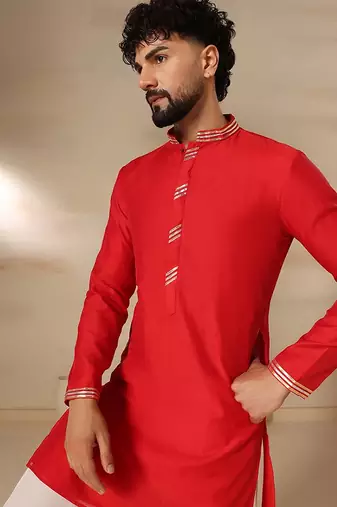 Gota embellished pure cotton silk mens red kurta set