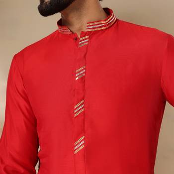 Gota embellished pure cotton silk mens red kurta set 4