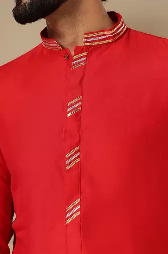 Gota embellished pure cotton silk mens red kurta set