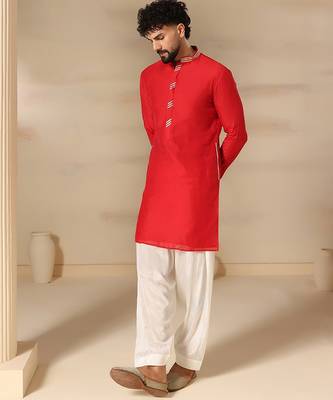 Gota embellished pure cotton silk mens red kurta set 5
