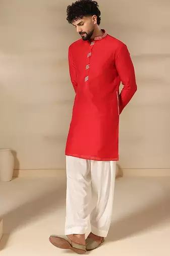 Gota embellished pure cotton silk mens red kurta set