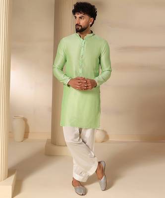 Gota embellished pure cotton silk mens green kurta set 1