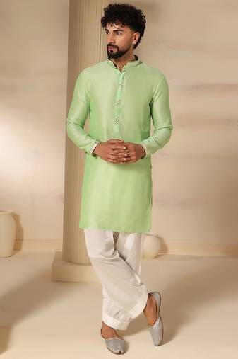 Gota embellished pure cotton silk mens green kurta set