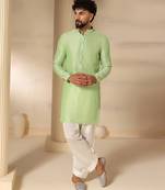 Gota embellished pure cotton silk mens green kurta set