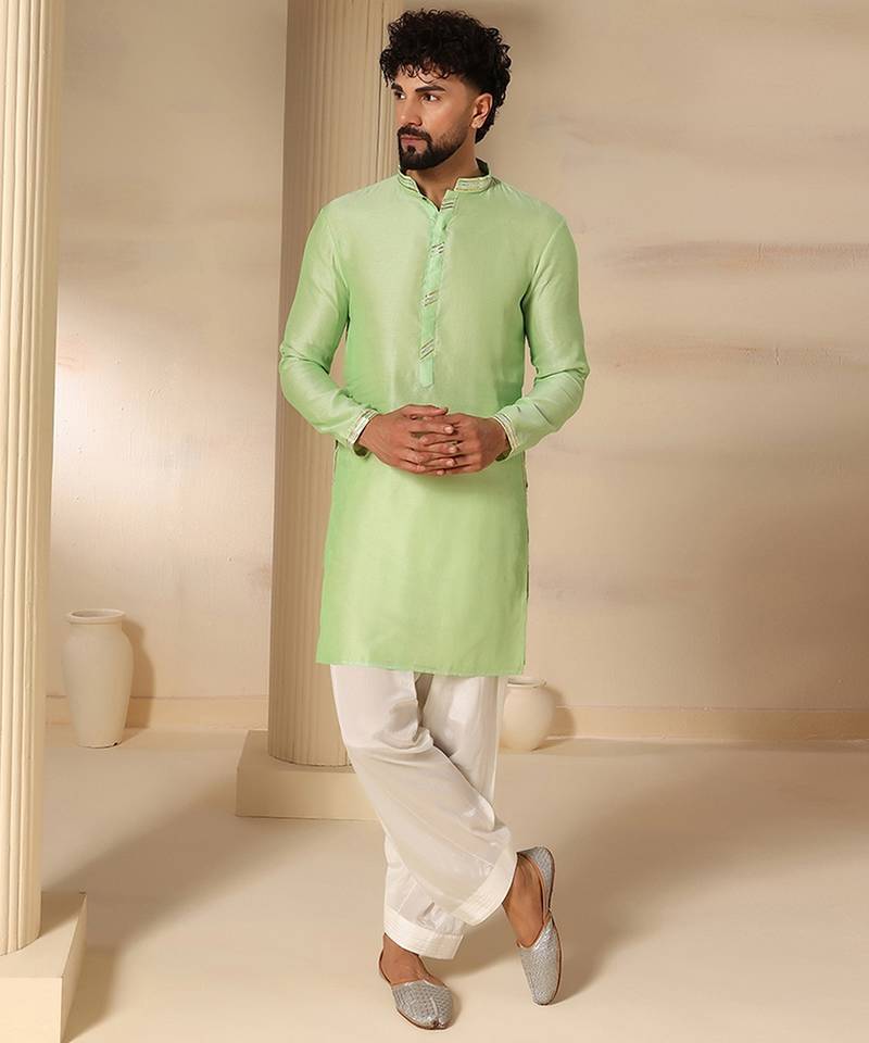Gota embellished pure cotton silk mens green kurta set