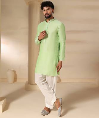 Gota embellished pure cotton silk mens green kurta set 2