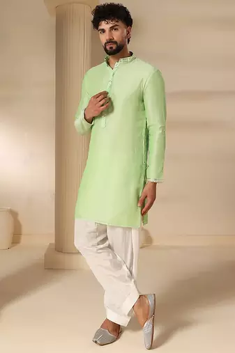 Gota embellished pure cotton silk mens green kurta set