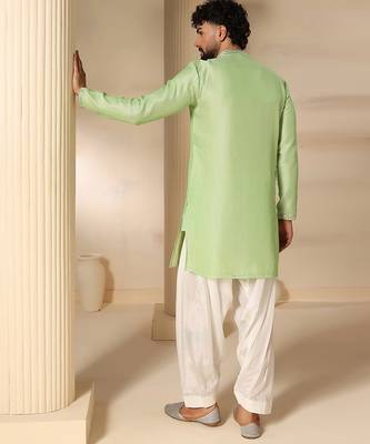 Gota embellished pure cotton silk mens green kurta set 3