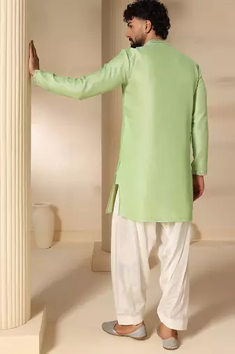 Gota embellished pure cotton silk mens green kurta set