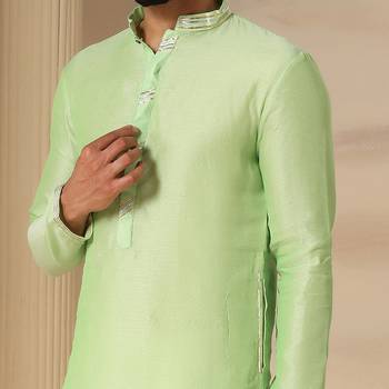 Gota embellished pure cotton silk mens green kurta set 4