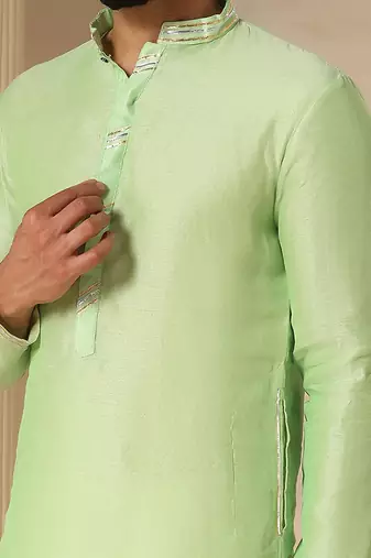 Gota embellished pure cotton silk mens green kurta set