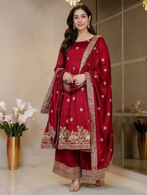 Peacock Red Embroidered Anarkali Kurta with Flared Palazzo & Dupatta Set for Women 1