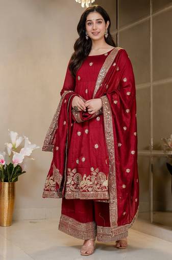 Peacock blue embroidered anarkali kurta with flared palazzo & dupatta set for women