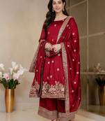Peacock Red Embroidered Anarkali Kurta with Flared Palazzo & Dupatta Set for Women