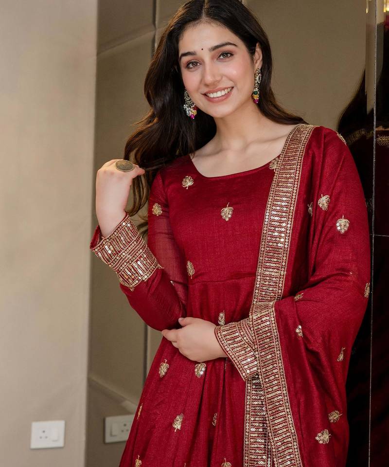 Peacock Red Embroidered Anarkali Kurta with Flared Palazzo & Dupatta Set for Women