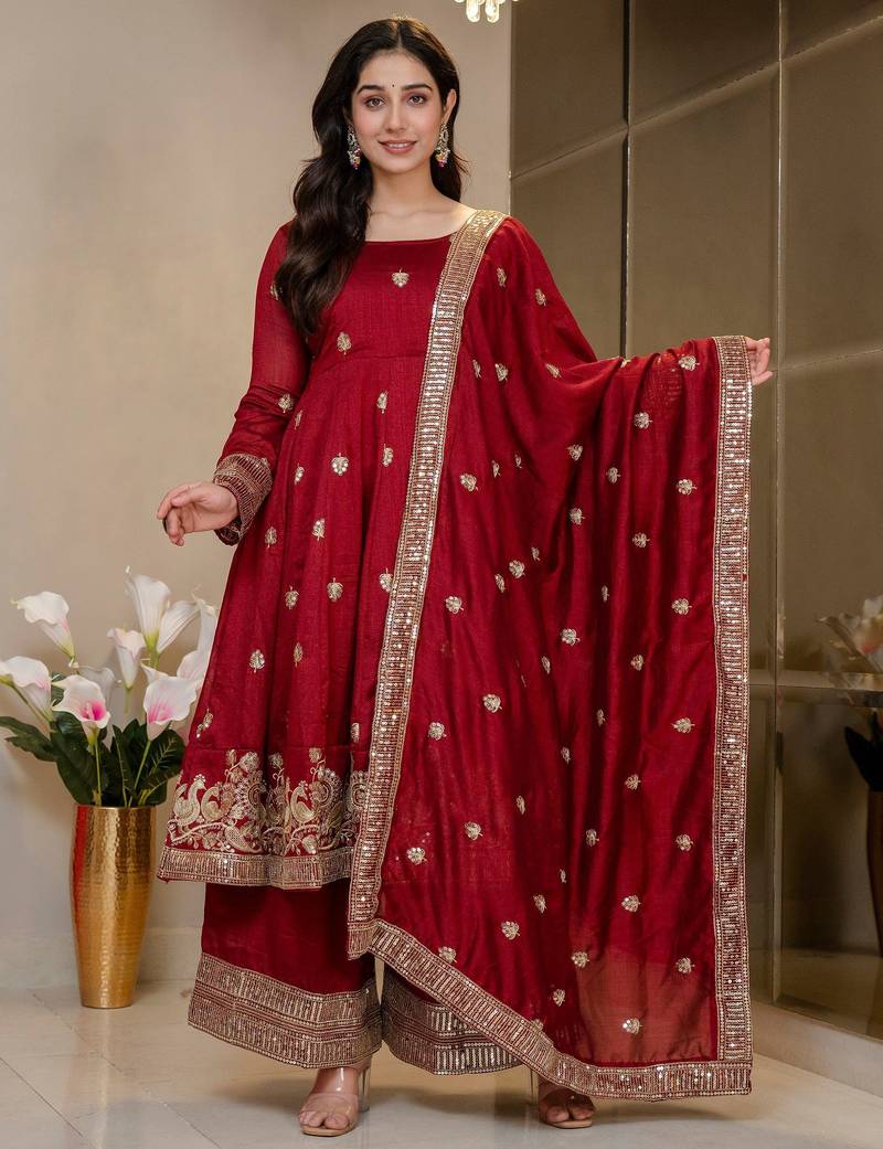 Peacock Red Embroidered Anarkali Kurta with Flared Palazzo & Dupatta Set for Women
