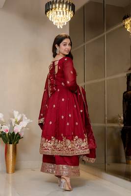 Peacock Red Embroidered Anarkali Kurta with Flared Palazzo & Dupatta Set for Women 4