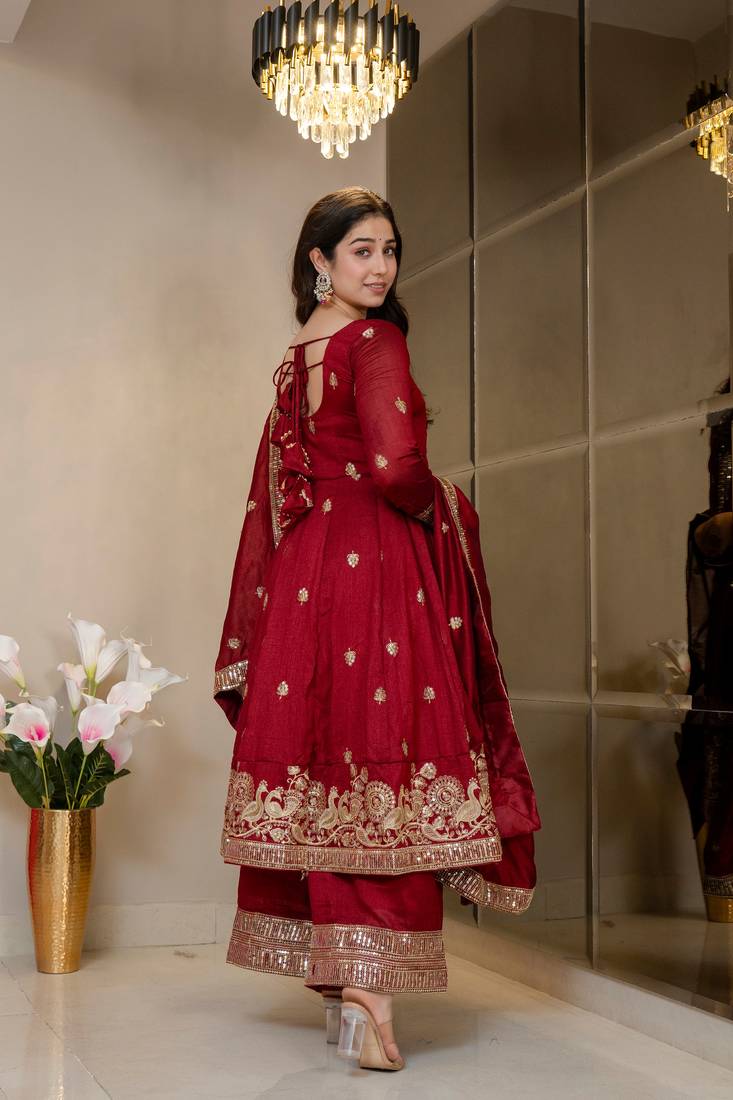 Peacock Red Embroidered Anarkali Kurta with Flared Palazzo & Dupatta Set for Women