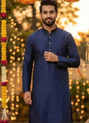 Blue silk jecquard party wear kurta and payjama 2