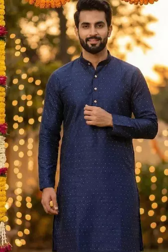 Blue silk jecquard party wear kurta and payjama