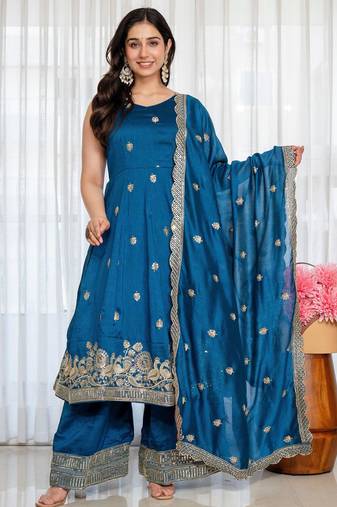 Peacock Blue Embroidered Anarkali Kurta with Flared Palazzo & Dupatta Set for Women