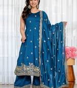 Peacock Blue Embroidered Anarkali Kurta with Flared Palazzo & Dupatta Set for Women