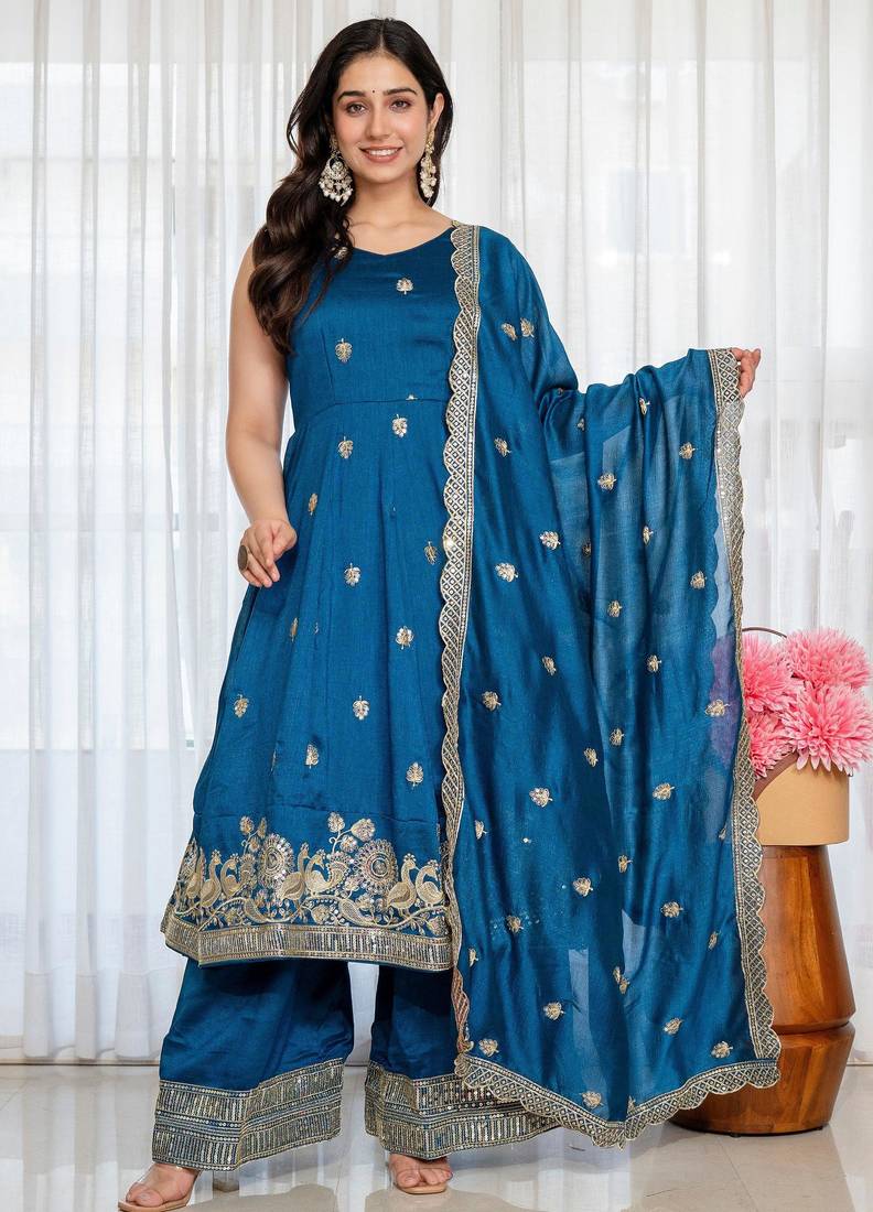 Peacock Blue Embroidered Anarkali Kurta with Flared Palazzo & Dupatta Set for Women