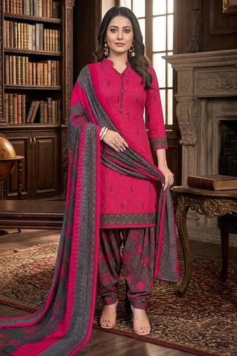 Pink printed cotton blend stitched floral print salwar kurta dupatta for women