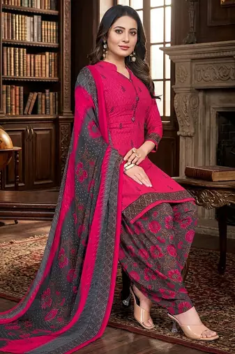 Pink printed cotton blend stitched floral print salwar kurta dupatta for women