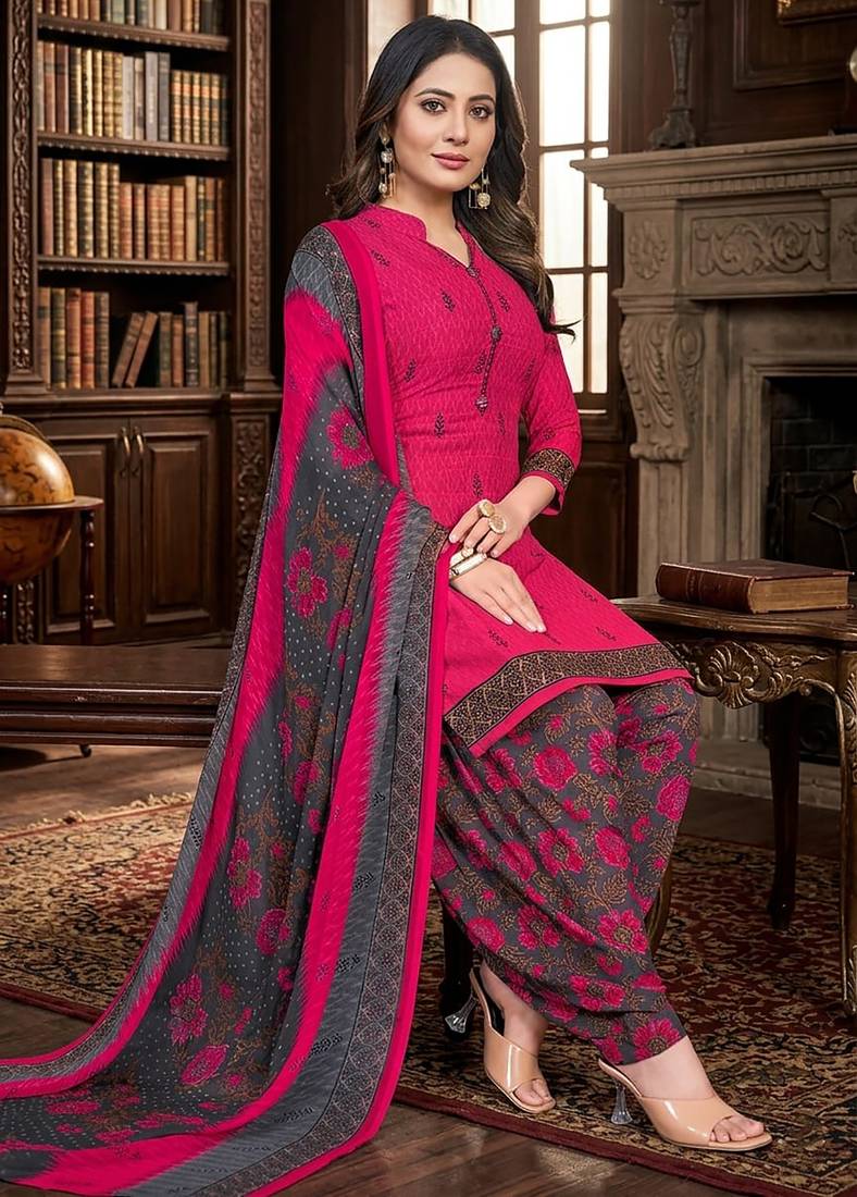 Pink printed cotton blend stitched floral print salwar kurta dupatta for women
