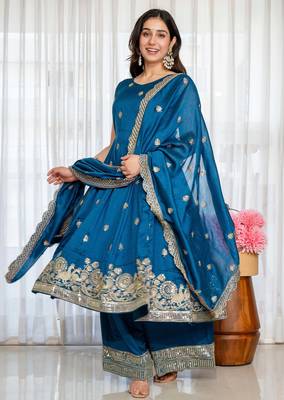 Peacock Blue Embroidered Anarkali Kurta with Flared Palazzo & Dupatta Set for Women 3