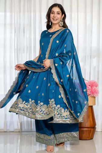 Peacock red embroidered anarkali kurta with flared palazzo & dupatta set for women