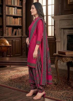 Pink printed cotton blend stitched floral print salwar kurta dupatta for women 3