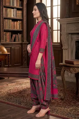 Pink printed cotton blend stitched floral print salwar kurta dupatta for women