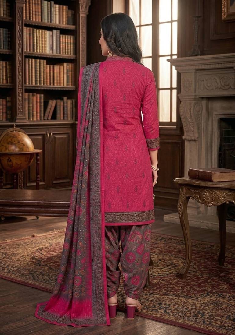 Pink printed cotton blend stitched floral print salwar kurta dupatta for women