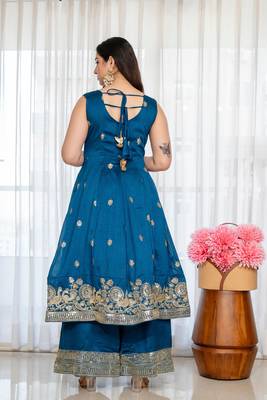 Peacock Blue Embroidered Anarkali Kurta with Flared Palazzo & Dupatta Set for Women 4