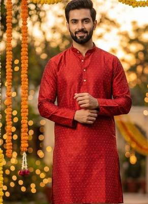 Red silk jecquard party wear kurta and payjama 2
