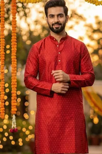Red silk jecquard party wear kurta and payjama