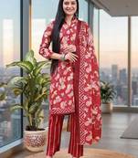 Red printed cotton blend stitched floral print salwar kurta dupatta for women