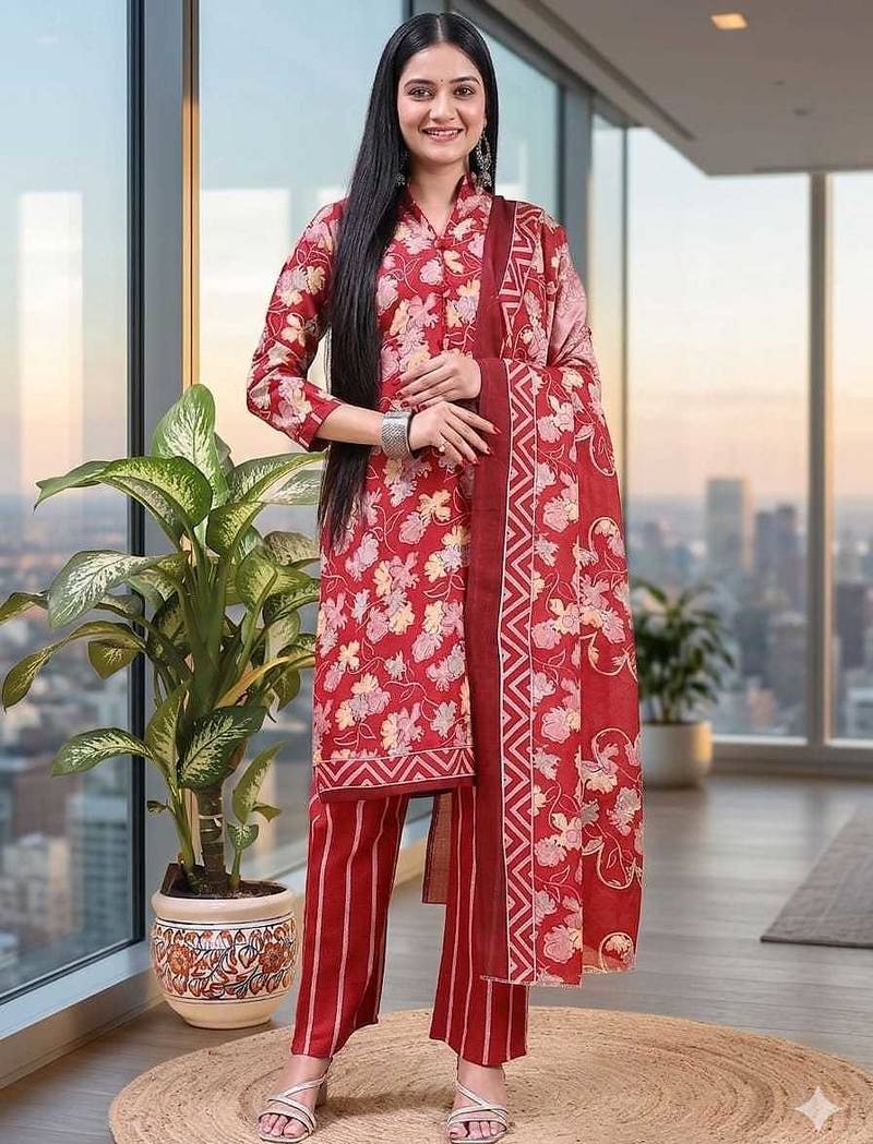Red printed cotton blend stitched floral print salwar kurta dupatta for women