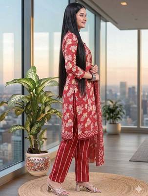 Red printed cotton blend stitched floral print salwar kurta dupatta for women 2