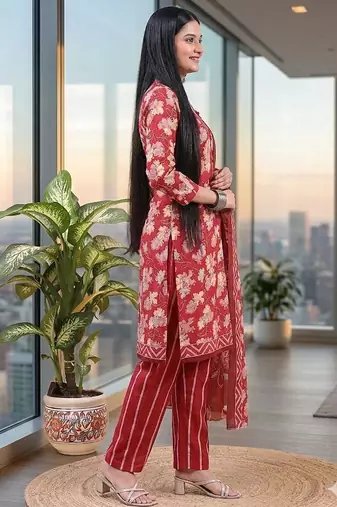 Red printed cotton blend stitched floral print salwar kurta dupatta for women
